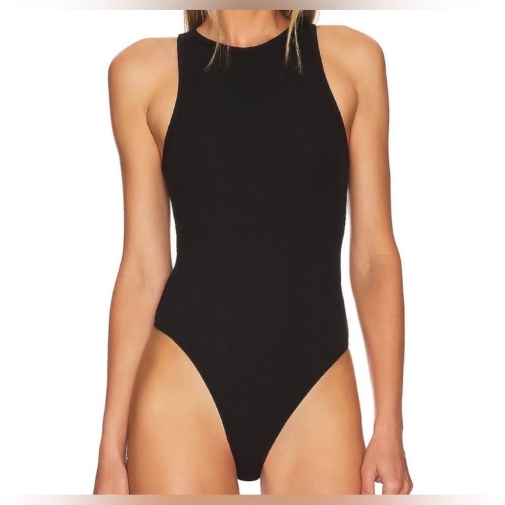 House of Harlow 1960 Black Ribbed High Neck Women's Bodysuit thong soft basic